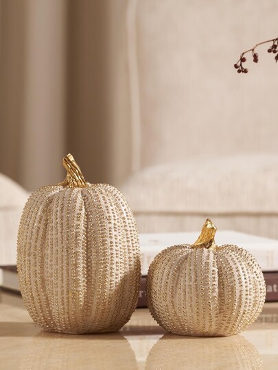 Greentek; Fall Thanksgiving Pumpkin Decor 2 PCS, White & Gold Resin Pumpkin Figurines, Luxury Autumn Harvest Tabletop Centerpiece, Farmhouse Home Decor, Elegant Fall Gift; Category:Fall Tabletop Decor; Image:1